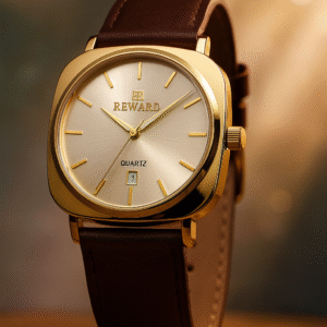 Reward Quartz Wristwatch – Gold Case with Brown Leather Strap