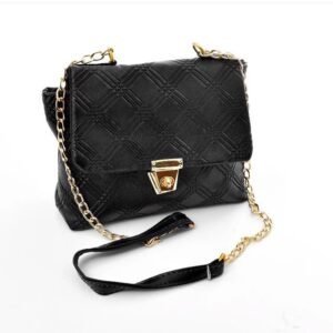 Black Quilted Crossbody Bag with Gold Chain & Lock Closure