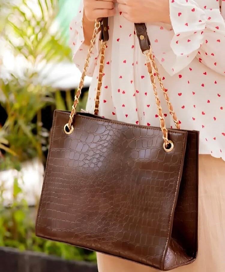 Brown Croc-Embossed Tote Bag with Gold Chain Straps - Image 3