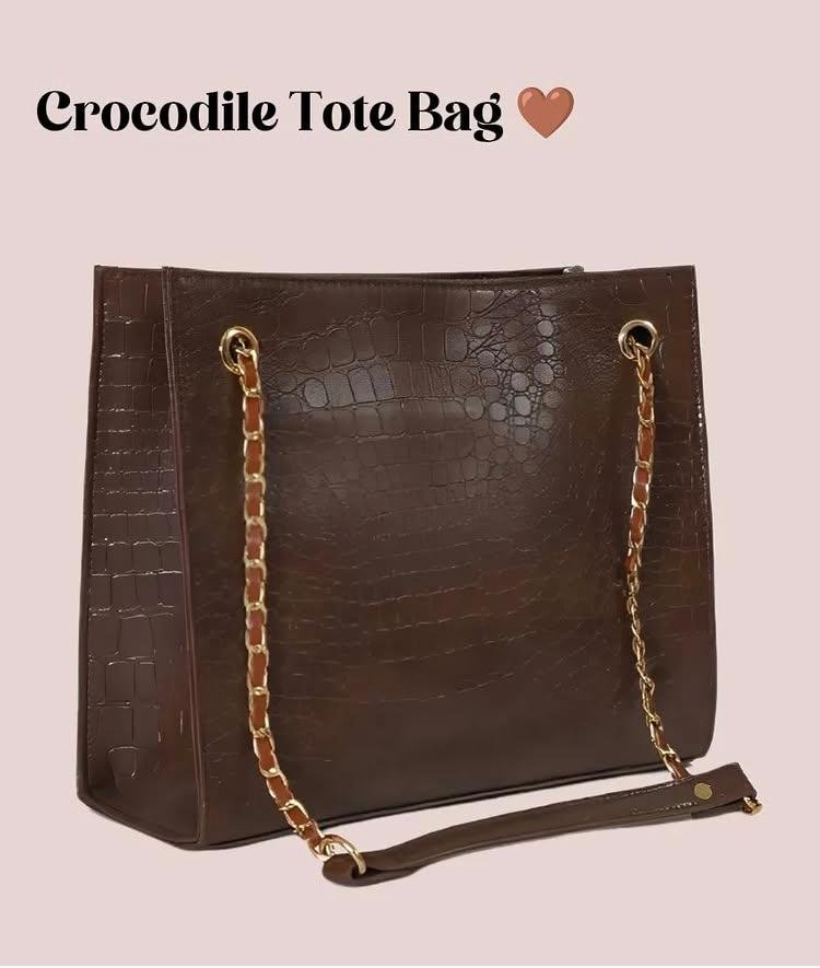 Brown Croc-Embossed Tote Bag with Gold Chain Straps - Image 2