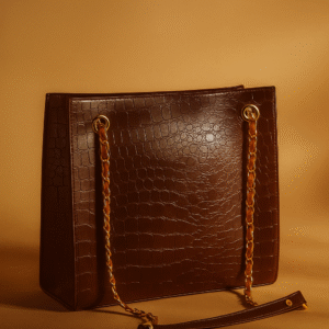 Brown Croc-Embossed Tote Bag with Gold Chain Straps
