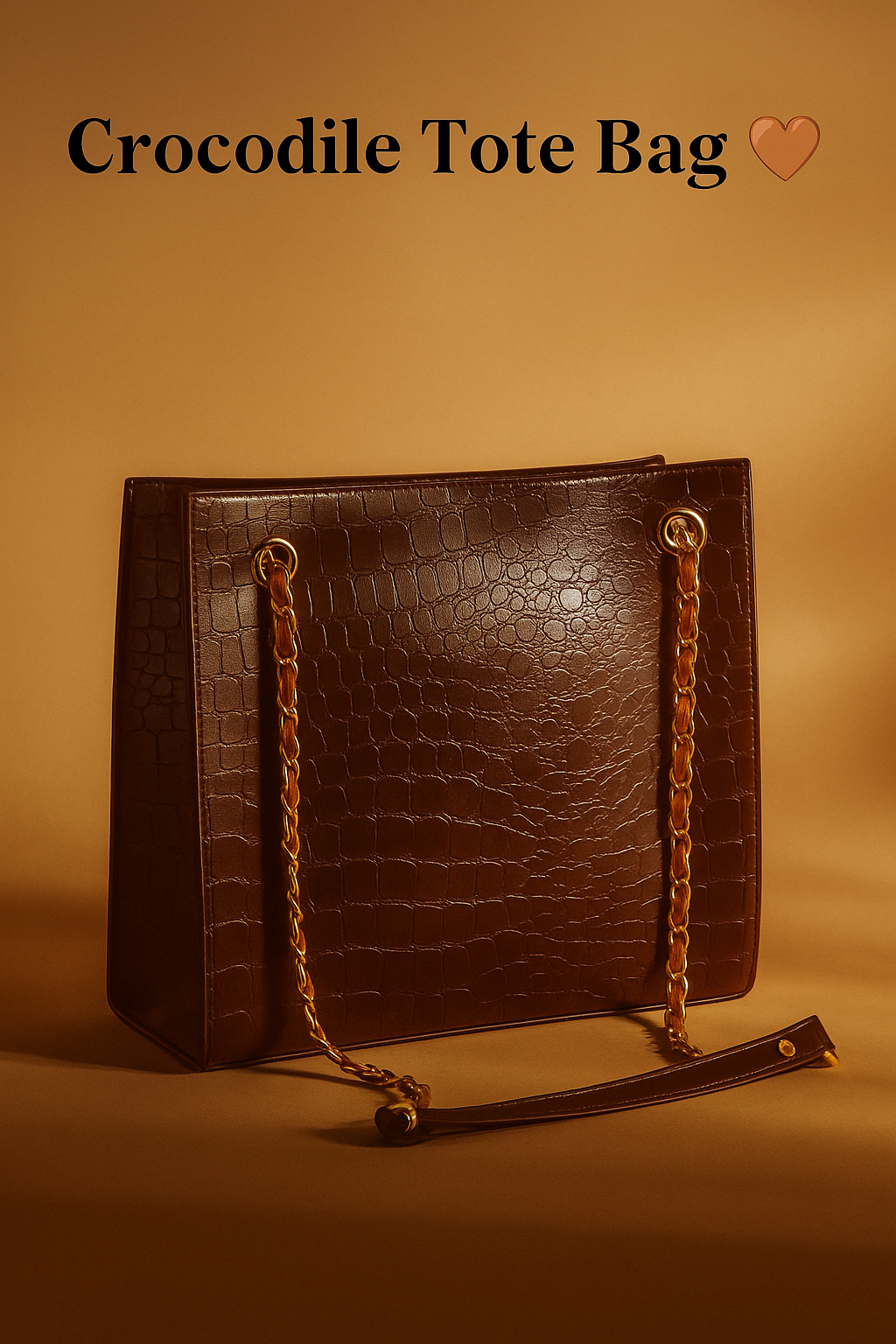 Brown Croc-Embossed Tote Bag with Gold Chain Straps